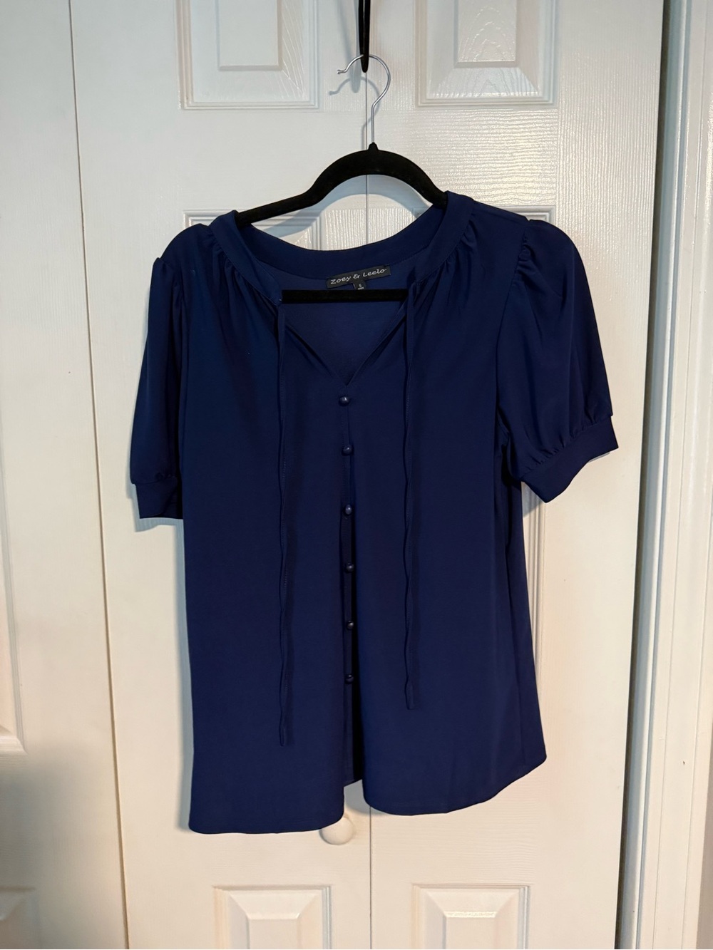 Navy Tie-Neck Button Front Blouse